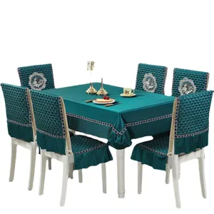 Luxurious dark teal quilted tablecloth and chair cover set with elegant swan embroidery