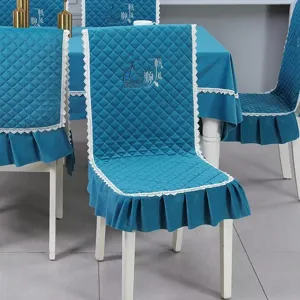 Elegant quilted peacock blue chair cover set with white lace trim and sailboat embroidery