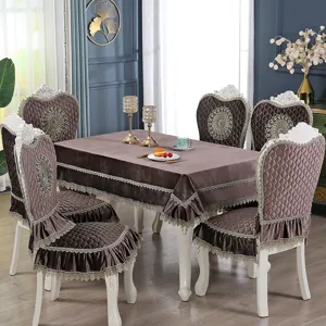 Elegant European style velvet chair covers and tablecloth set with delicate lace trim detail