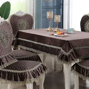 Elegant coffee velvet dining chair covers and tablecloth with intricate lace trim
