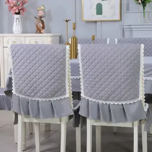 Elegant grey quilted chair back covers with lace trim and ruffled edges for home