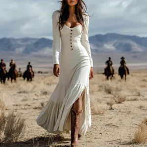 Elegant Western style button shirring long-sleeved maxi dress featured in desert setting