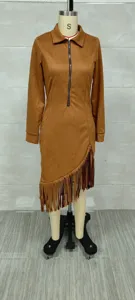 Western style brown suede dress featuring long sleeves and asymmetrical fringe hem
