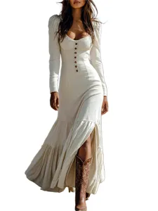 Detail view of vintage western style long sleeve maxi dress with button down front