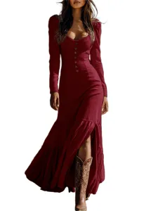 Western retro burgundy long sleeve maxi dress with button bodice and tiered skirt detail