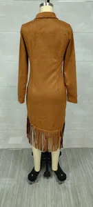 Back view of slim fit brown suede long sleeve dress featuring western fringe hem detail