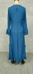 Back view of blue bohemian long sleeve maxi dress with tiered ruffle cuffs.