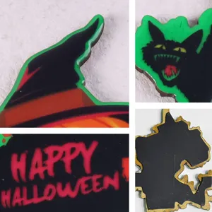 Macro view showing the printed texture and magnetic back of the Halloween cat fridge magnet.