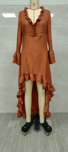 Long sleeve brick red bohemian dress with ruffle details and irregular high-low hem