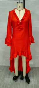 Women's red ruffled high-low bohemian dress with long sleeves and elegant V-neckline