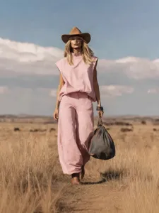 Ensemble deux pièces rose style western en suédine avec haut sans manches et pantalon