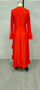 Back view of bohemian long sleeve red maxi dress with elegant ruffle hem details