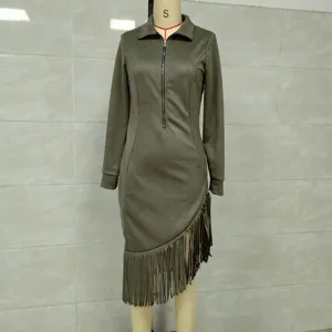 Detailed view of army green suede fringe dress with half-zip and slim fit design