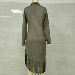 Detailed macro view of Western style faux suede slim dress with fringe hem from the back