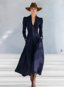 Full view of elegant navy V-neck maxi dress with gold buttons and puff sleeves