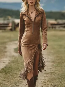 Women Western Cowboy Style Suede Long Sleeve Tassel Bodycon Midi Dress Vintage Slim Fit Zipper Lapel Party Clubwear