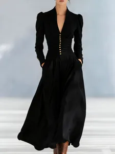 Elegant black V-neck maxi dress with long puff sleeves and gold button details for women