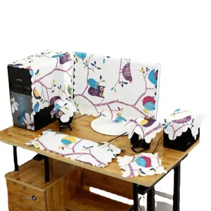 Komplettes Computer-Staubschutz-Set mit buntem Eulenmuster auf hochwertigem weißem Stoff