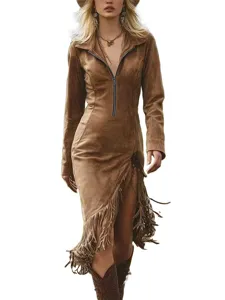 Western style brown suede dress with long sleeves, zipper neck, and bohemian fringe hem detail