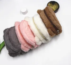 Plush bear coin purse detail view, soft furry fabric, cute animal zipper pouch design.