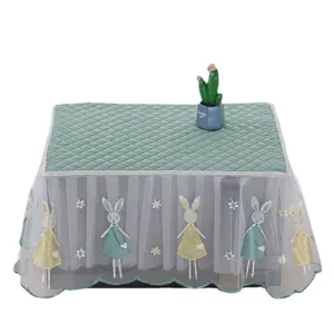 Green quilted microwave oven dust cover with elegant white lace and cute rabbit embroidery