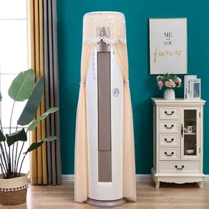 Full view of apricot lace dust cover for cylindrical air conditioner in a stylish living room