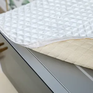 Close-up of white quilted dust cover with non-slip backing for kitchen appliances