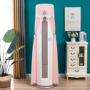 Detail of pink lace mesh dust cover with elegant embroidery for vertical AC unit