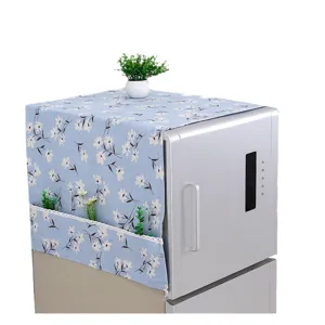 Elegante funda antipolvo para frigorífico con flores azules y bolsillos laterales
