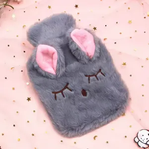 Housse de bouillotte en peluche lapin gris avec oreilles roses et fond en tulle étoilé