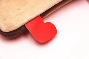 Dettaglio di un tag a cuore rosso su una custodia per iPad in peluche a toast