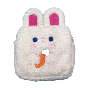 Cute white fluffy bunny plush coin purse and cosmetic storage bag with carrot embroidery