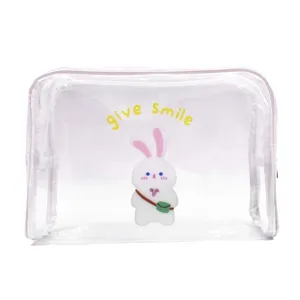 Borsa da trucco trasparente impermeabile con coniglietto cartoon e scritta smile