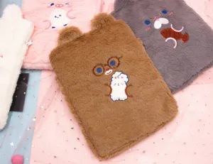 A variety of plush iPad sleeves featuring cute animal embroidery and soft faux fur texture