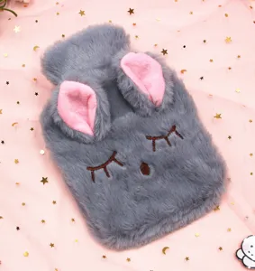 Cozy grey plush hot water bottle cover featuring a cute bunny face with pink ears