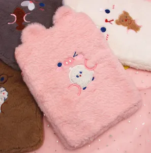 Pink plush tablet sleeve with cute pig embroidery for 9.7-11 inch iPad, Korean style bag.