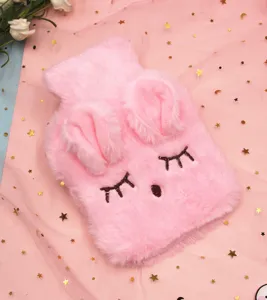 Cute soft pink plush rabbit hot water bottle cover with adorable squinting eyes design