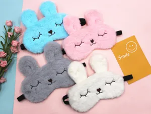 Soft plush bunny sleep masks in four colors for comfortable blackout rest and travel.