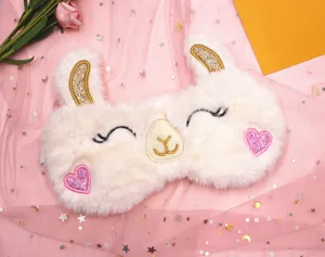 Cute plush llama sleep mask with embroidered face and pink glitter hearts for sleep