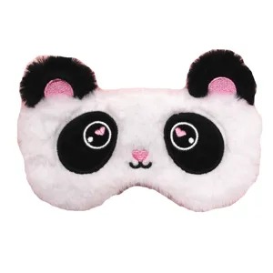 Detailed view of a cute plush panda-shaped blackout sleep mask with heart embroidery