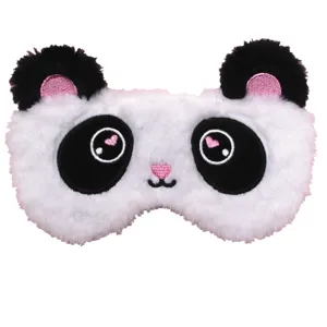 Detail view of cute cartoon panda sleep eye mask featuring soft faux fur and heart embroidery