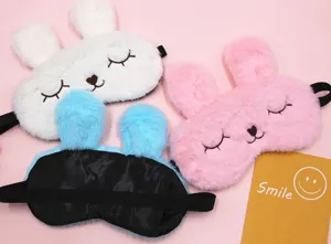 Soft plush bunny sleep eye mask with cute embroidered face and adjustable elastic strap