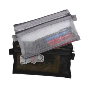 Double-layer grey and black transparent mesh pencil case for office stationery storage