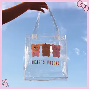 Borsa tote trasparente in PVC con simpatici orsetti e scritta Bear's Friend cielo blu.