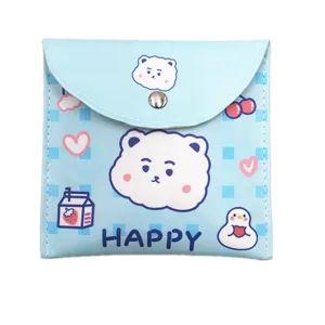 Close-up of cute cartoon puppy and heart patterns on this light blue mini storage bag