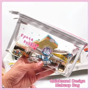 Linda Bolsa de Maquillaje de PVC Transparente Con Estampado de Astronauta Espacial de Dibujos Animados Estuche de Cosméticos Con Arena Movediza Líquida Brillante Organizador