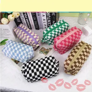 Neceser de Maquillaje Vintage con Patrón de Cuadros Tejido Gran Capacidad Hilo Trenzado Organizador Cremallera Mujer Viaje