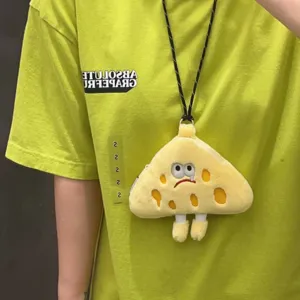 Cute yellow cheese plush coin purse detail, funny emoticon design with lanyard cross body bag.