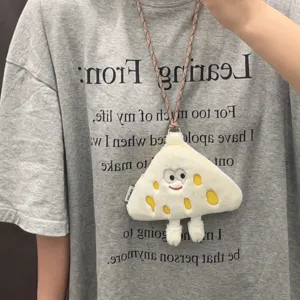 Cute cheese shape plush hanging neck coin purse with cute expression and lanyard for daily use.