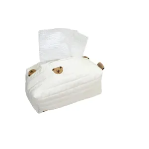 Korean style quilted white tissue box cover with cute brown bear embroidery